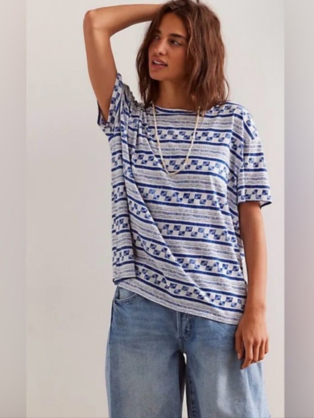 We The Free White Tee with Blue Striped Graphic Pattern